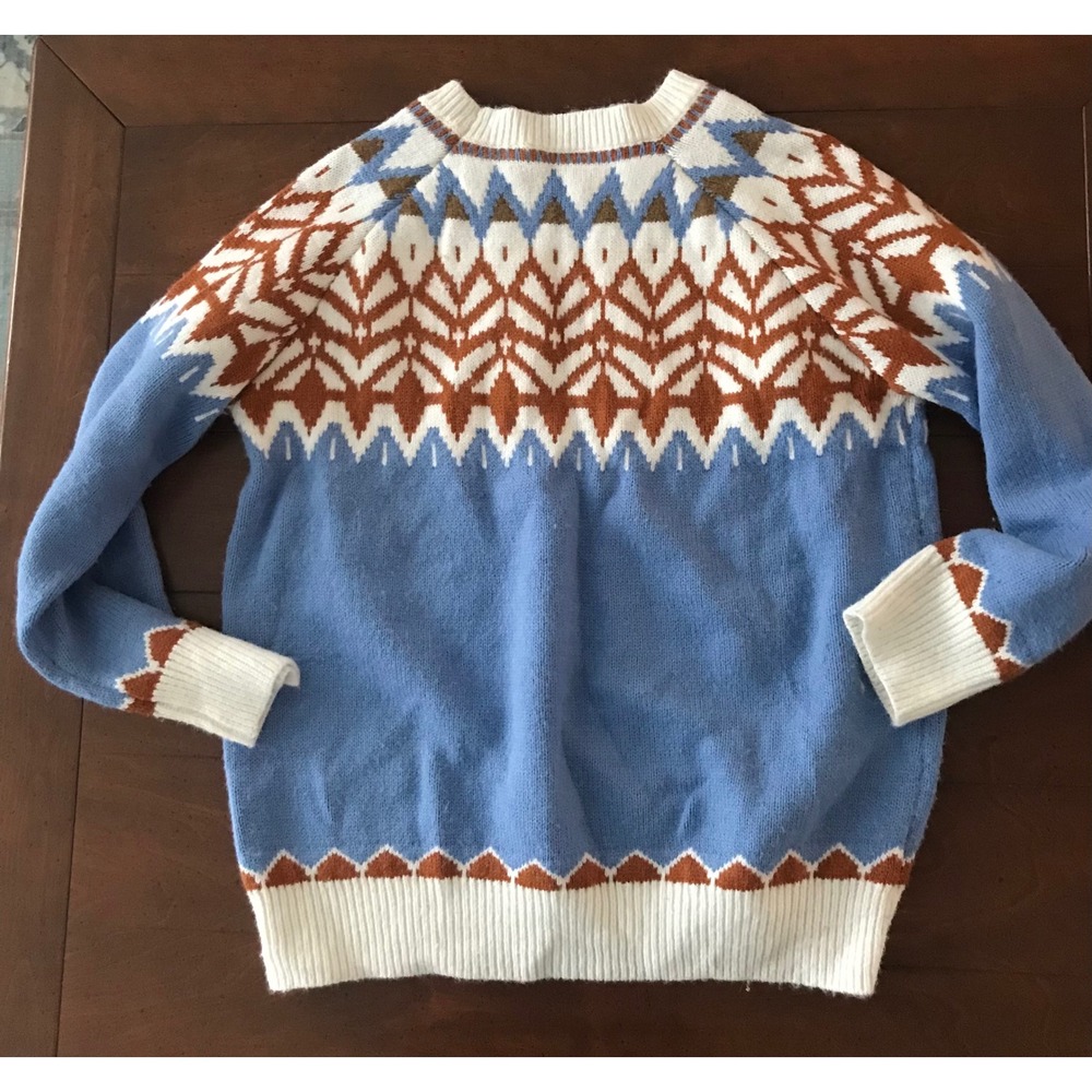 Women's Fair Isle Knit Sweater Blue Brown‎ White Pullover Long Sleeve Size L - Picture 2 of 7
